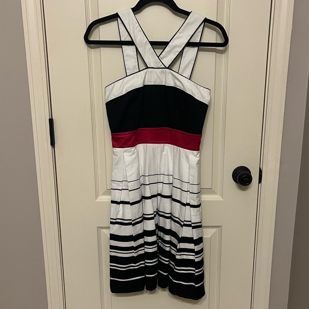 Teeze Me Black and White Striped Dress with Red Accent